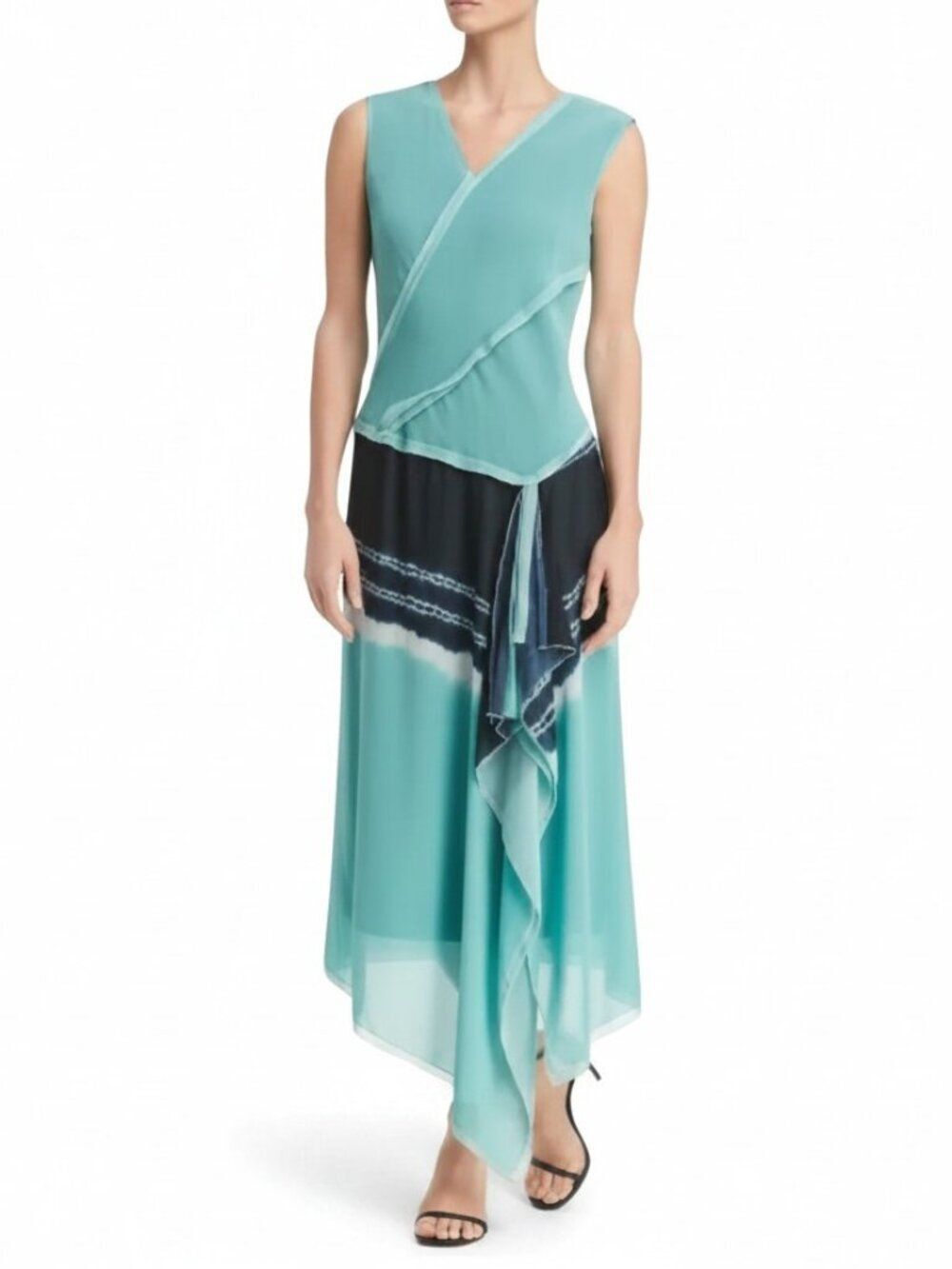 Donna Karan Vintage Y2K Asymmetric Seafoam Green Handkerchief Hem Dress Gown 10